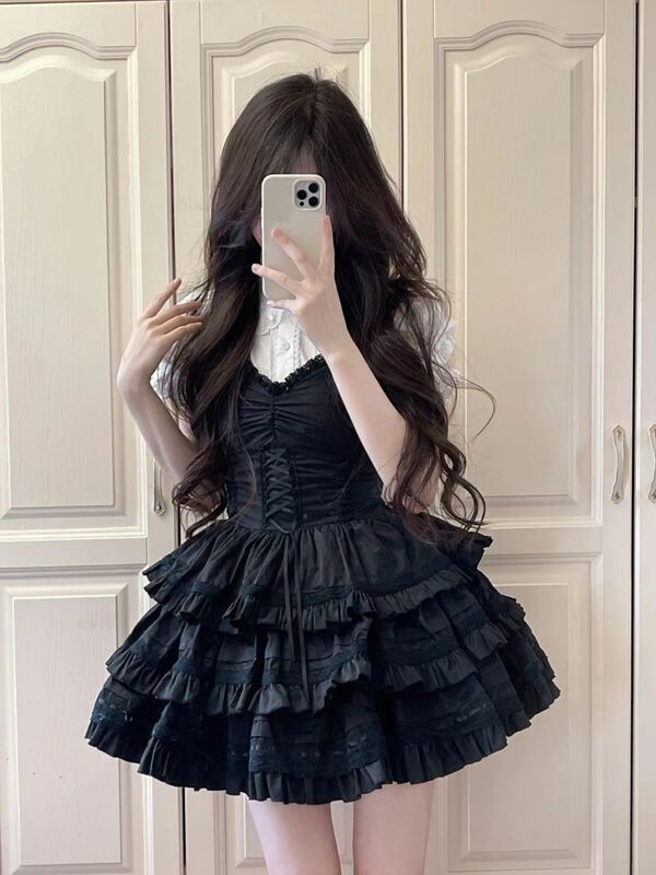 Coalfell-Gothic Lolita vestido suspenso de renda para mulheres, camisa de manga bolha, vestido fofo, saia fofa e doce, conjunto de 2 peças