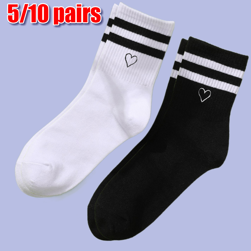 2024 New 5/10 Pairs Popular Parallel Bars Mid Length Socks Fashion Embroidery Love Pattern Breathable Black White Girls Socks