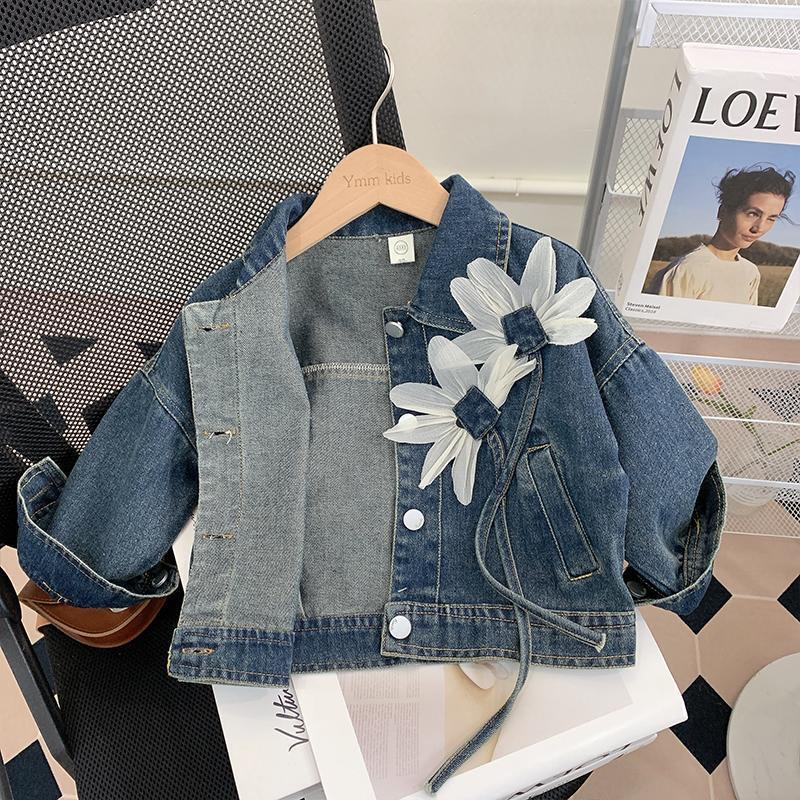 Abrigo de mezclilla para niña, chaqueta holgada personalizada con flores en 3D, Top versátil para niña de 2 a 7 años, otoño, 2024