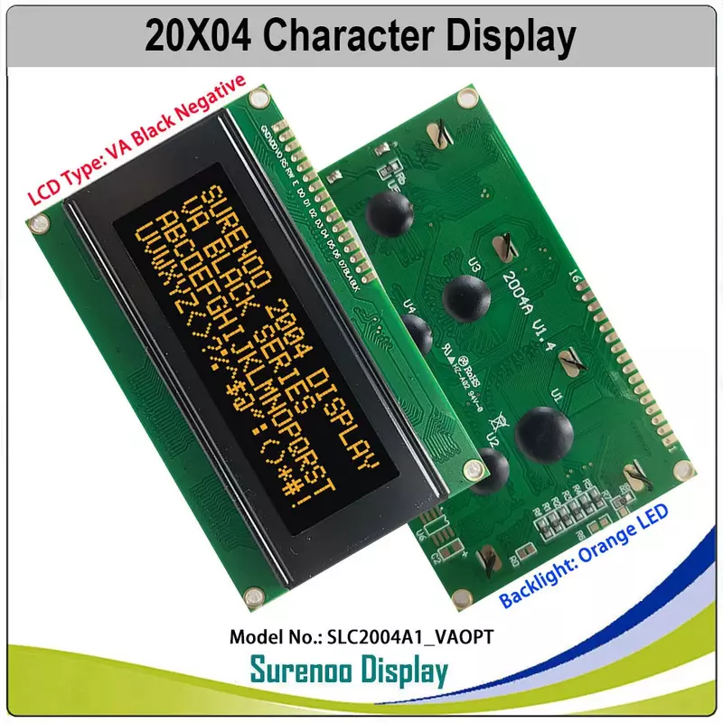 Surenoo-Módulo de pantalla LCD de 204 caracteres, LCM VA negativo, negro, blanco, azul, naranja, verde, retroiluminación LED, 2004, 20x4