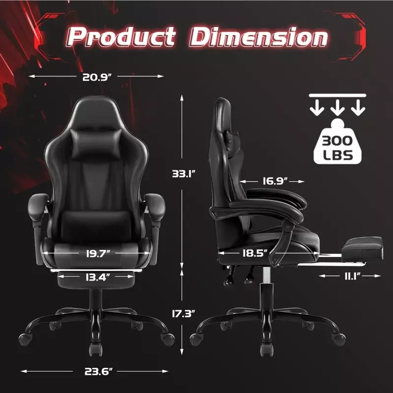 Gaming Chair with Footrest and Massage Lumbar Support, Video Racing Seat Height Adjustable with 360°Swivel and Headrest
