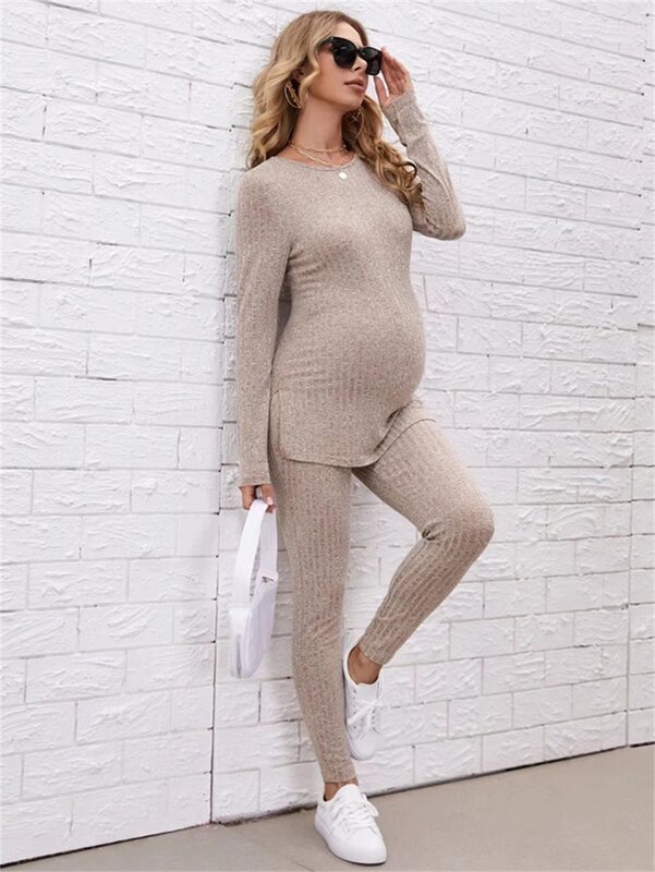 Setelan pakaian ibu hamil wanita, set pakaian ibu hamil 2 potong, lengan panjang, atasan terpisah, dan celana pinggang elastis yang dapat disesuaikan