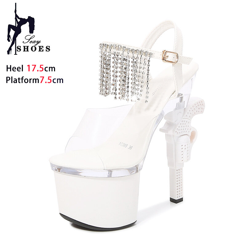 Borlas de strass Pole Sapatos de dança para mulheres, sandálias de diamante Bling, verão transparente modelo PVC Catwalk salto alto 17,5 cm, 7"