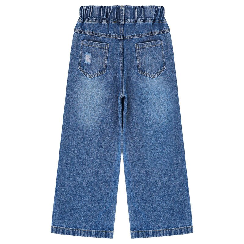 Casual Wide Leg Pants for Kids Girls Elastic Waistband Denim Ripped Solid Color Multi-pockets Jeans Pants Spring Autumn Trouser