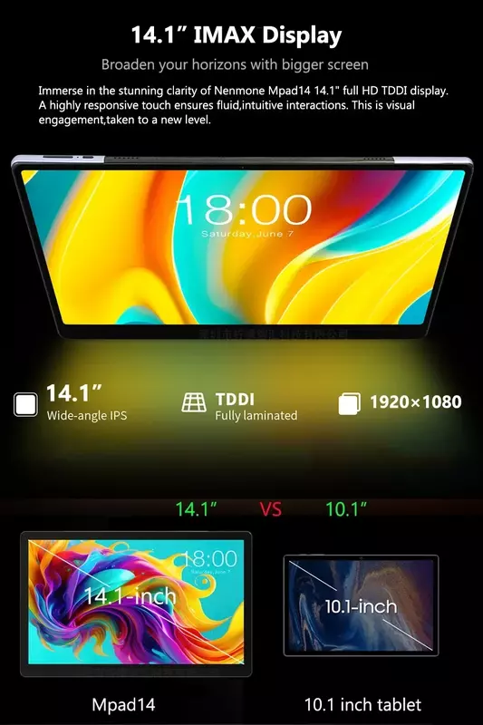 Tablet Android Versão Global, Chamada Telefônica, 14.1 ", Tab Android, 14", 12GB + 256GB, 1920x1080, 4G, 5G, WiFi, 10000mAh, Trabalhando