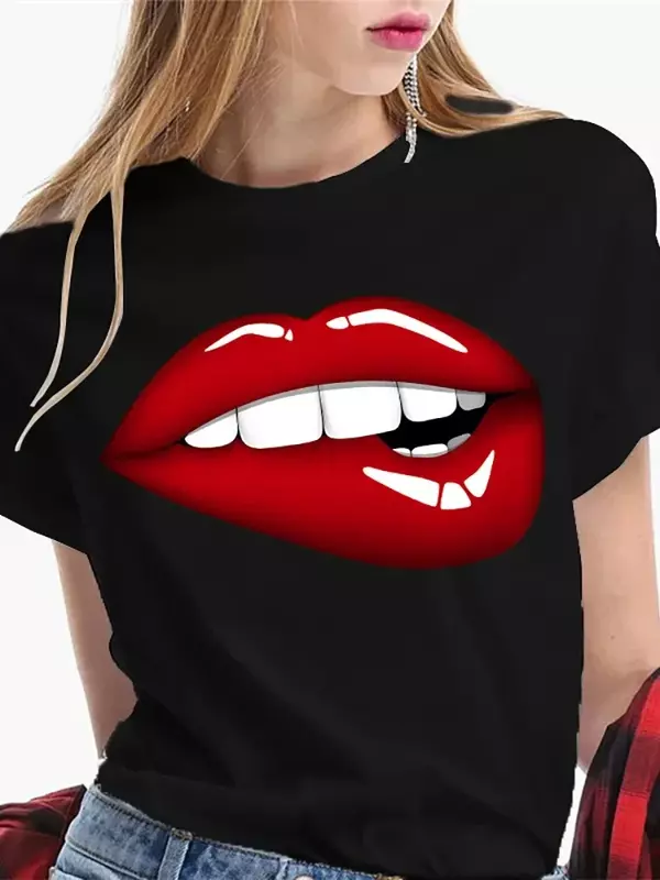 Y2k Short Sleeves Summer Loose T-shirt Women T-shirt Sexy Kiss Lip Lips Saying Funny Black Tee Soft T-shirt Graphic Cotton Tee