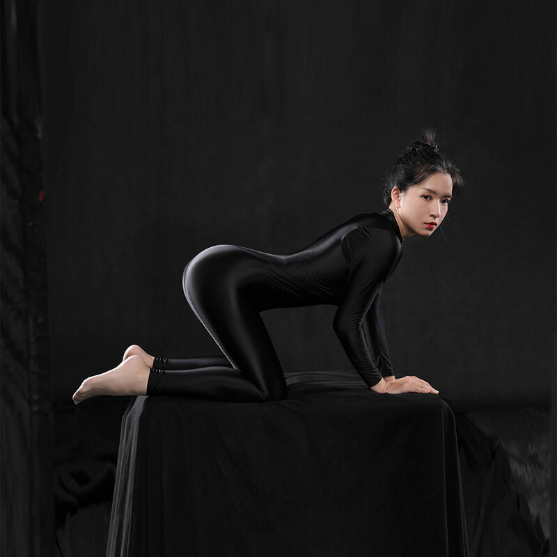 Women Zip-Up Bodysuit  Long Sleeve Full Body Stocking Tights Glossy Oil Shiny Jumpsuit Ladies Sexy Yoga Silk-like Sport Wear