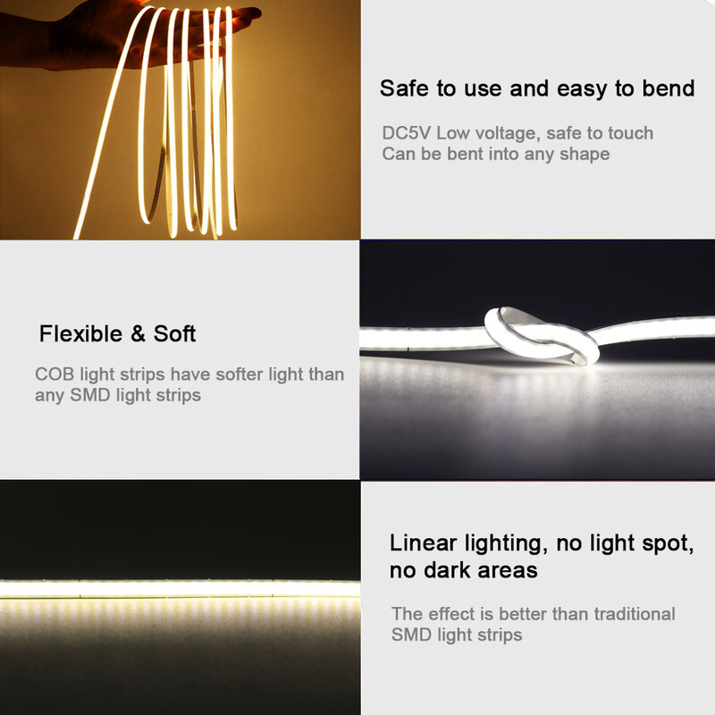 Bande lumineuse à LED COB USB, 5mm, 5V, éclairage linéaire haute densité, 320Led/m, variable, Flexible, blanc naturel chaud, 9 couleurs