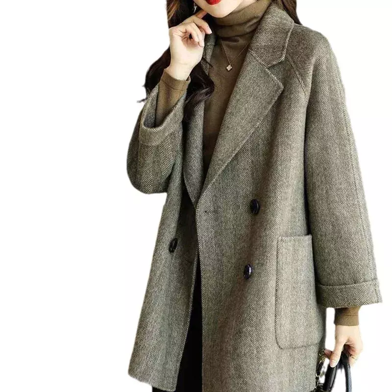 Casaco de lã de comprimento médio feminino, casaco grosso quente, trincheira solta de tweed fina, casaco de quintal grande, jaqueta feminina, outono e inverno