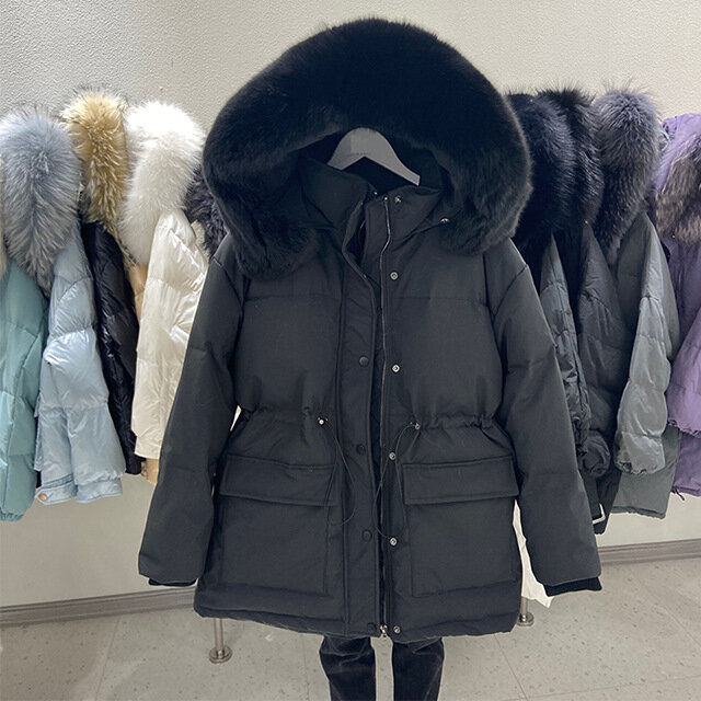女性のためのフード付きダウンジャケット,暖かい女性のコート,白いダックダウン,大きなキツネの毛皮の襟と冬の手錠,新しい90%