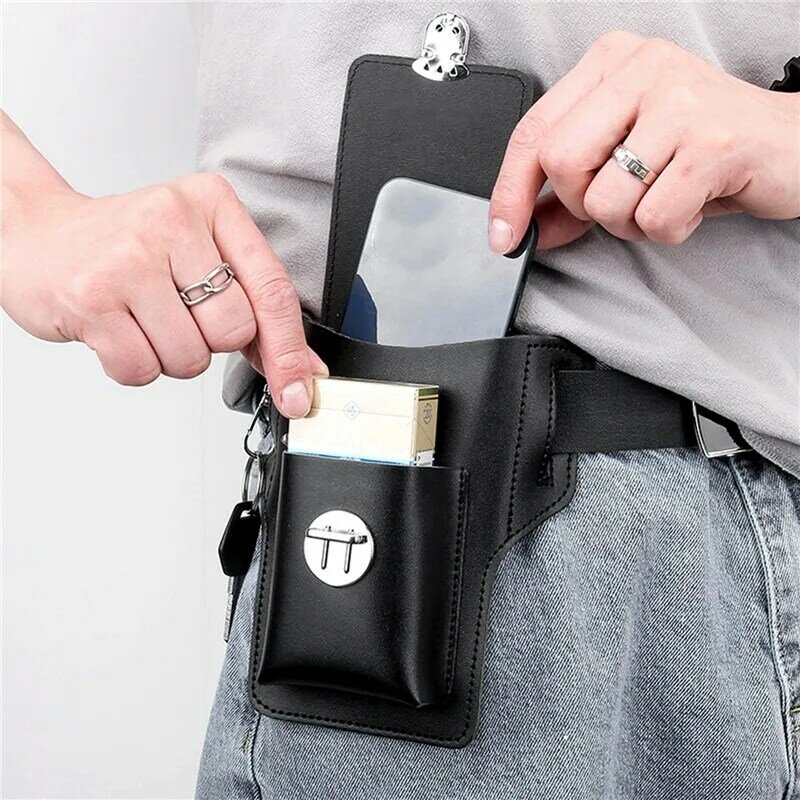 Tas sabuk ponsel kulit PU multifungsi pria, dompet sarung ponsel lingkaran ponsel untuk pria