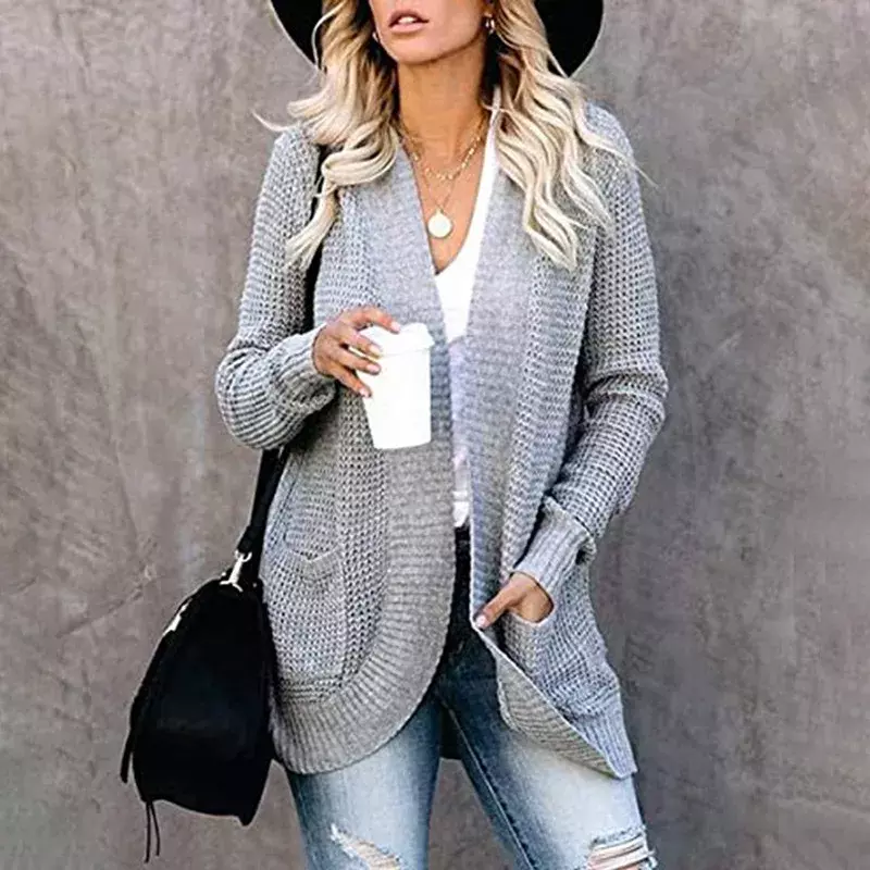 Autumn and Winter Foreign Trade Cardigan Women's Arc Front Large Pocket Sweater Customized Cardigan for Women