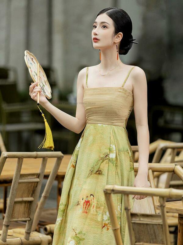 중국 스타일 한푸 개량 여성 치파오 세트, 페인팅 스타일 프린트 가디건 멜빵 드레스, 데일리 투피스 드레스 세트 P1