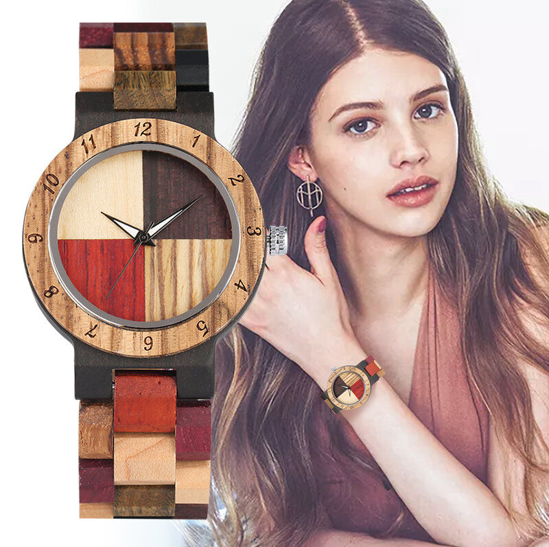 Jam tangan pria kayu minimalis, jam tangan kayu wanita Quartz gelang warna-warni Dial angka jam hadiah Reloj Hombre