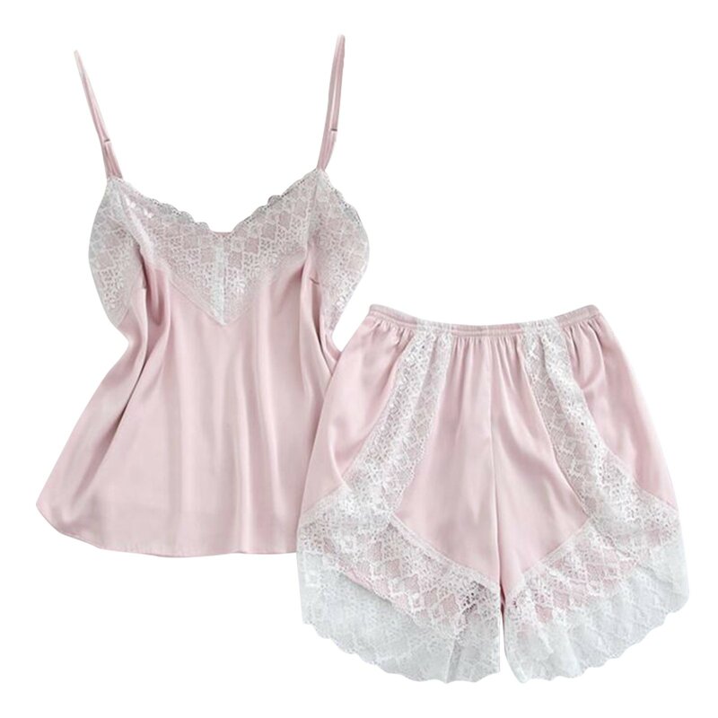 Pajamas Set For Women Lace Spaghetti Strap Top and Shorts Sets Silk Sleepwear Satin Pajama Suit Night Wear Summer 2024