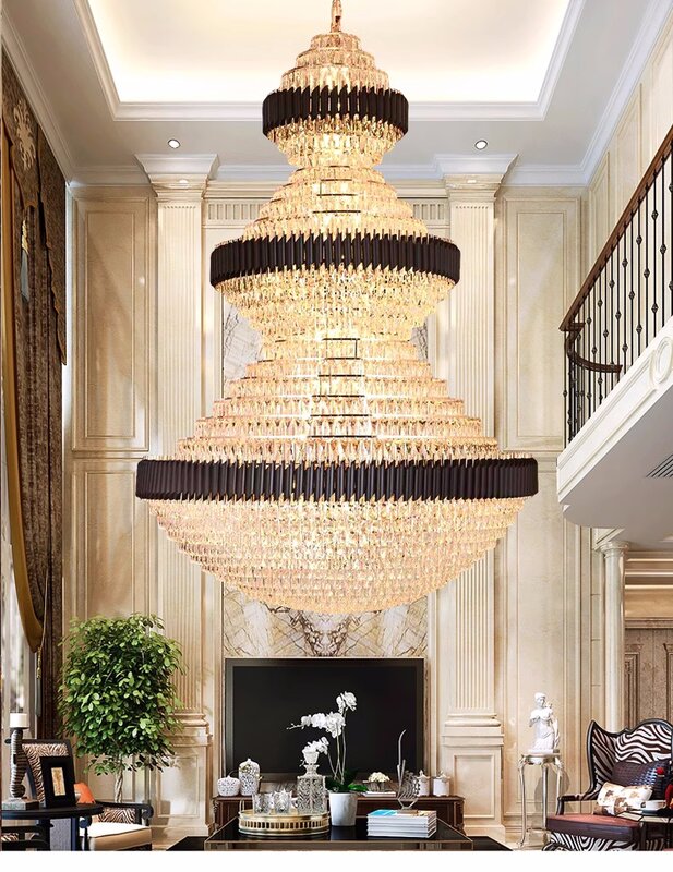 Lampu gantung kristal, lampu gantung hitam Stainless Steel dekorasi besar untuk Hotel lobi vila, tangga kristal mewah