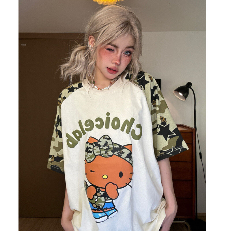 Kawaii Sanrio Hello Kitty Y2k T-shirt Patchwork Camouflage Raglan Short-sleeved Top Japan Style Loose Cotton Tees Women Clothing