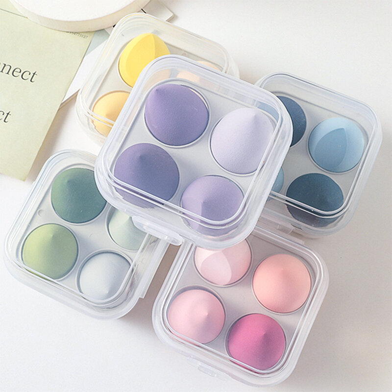 Esponja de maquiagem colorida 4 peças, puff com caixa gota de água colorido beleza ovo base pó blush acessórios de beleza ferramentas de cosméticos