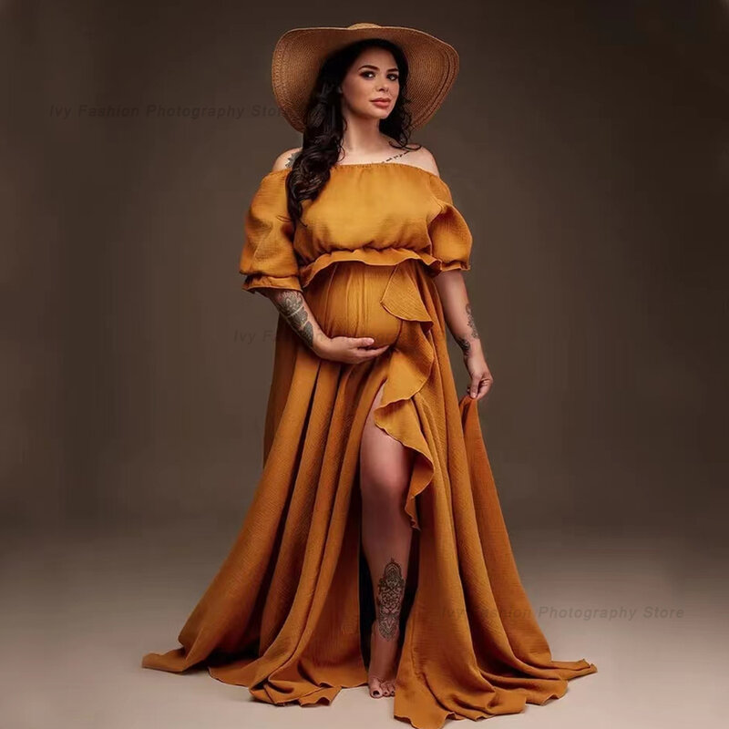 Vestido de gravidez boêmio, ombro fora, manga curta, algodão de linho, estilo boho, vestido de bebê, borda plissada