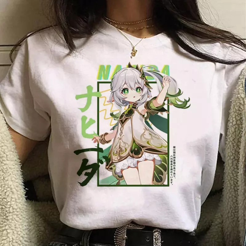 Camisetas femininas com estampa Genshin Impact, anime engraçado, streetwear Harajuku, tops casuais com o pescoço, manga curta, verão, 2021
