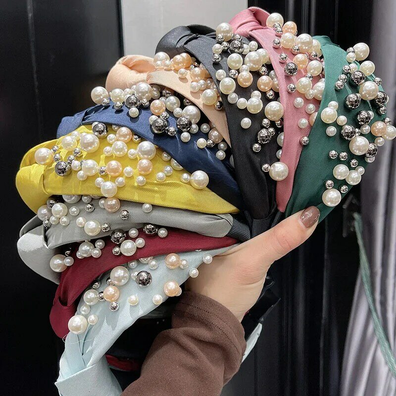 European and American Fashion Full Plate Nail Pearl Headband Women's High Skull Top Knotted Hair Hoop Hair Accessories Wholesale