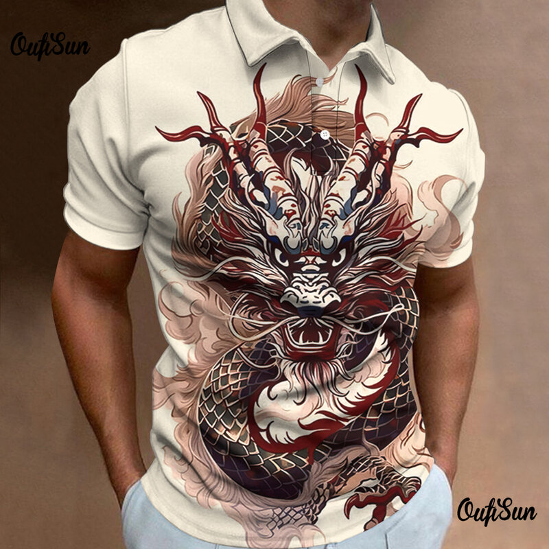 Moletons de mangas curtas soltas de grandes dimensões masculino, camisa floral 3D Animal Dragon estampada, camiseta polo moda, camisa casual diária