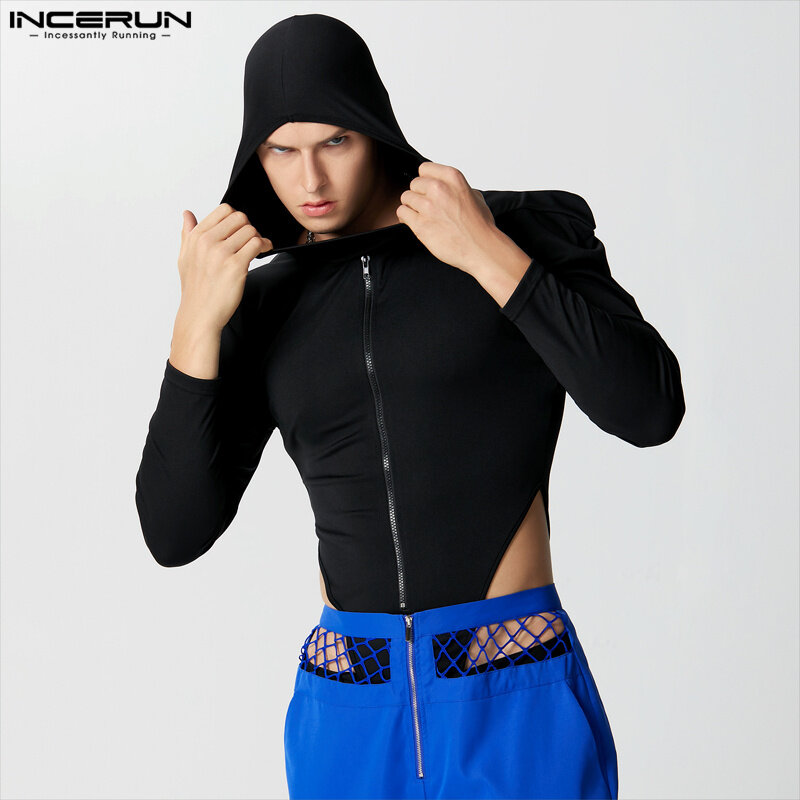 Incerun-Bodysuit masculino monocromático com capuz com zíper, manga comprida, macacão casual, streetwear magro, moda masculina, S-3XL, 2023