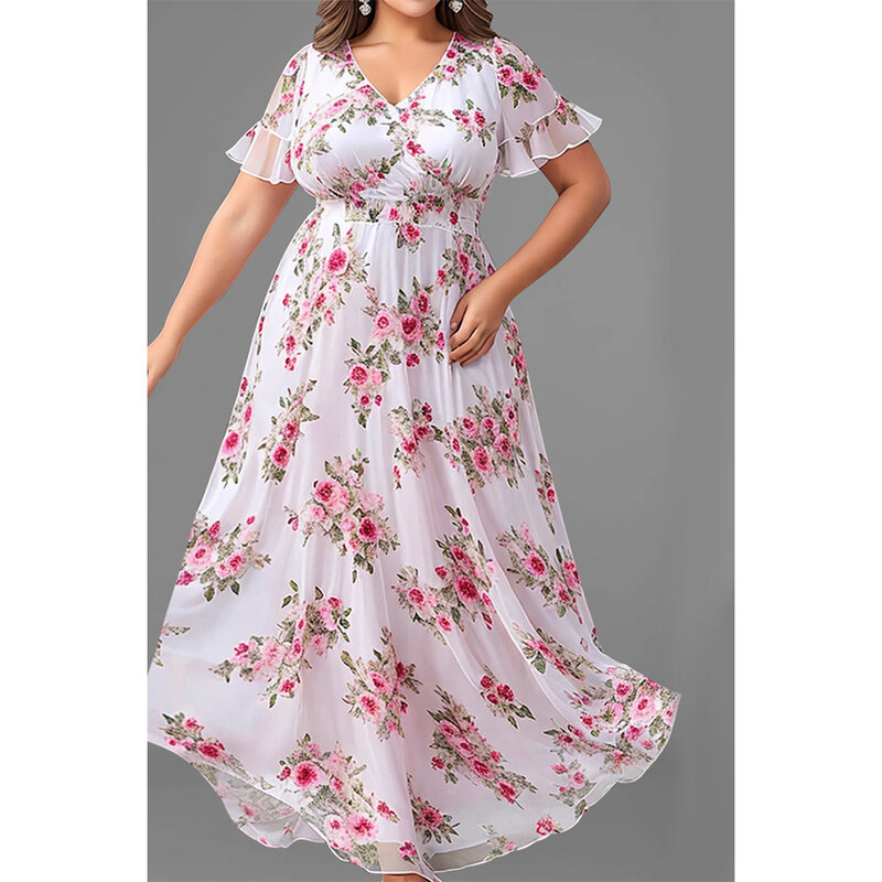 Vestido de férias casual de verão tamanho maior, chiffon em camadas rosa, estampa floral, manga plissada, túnica gola V, vestido maxi