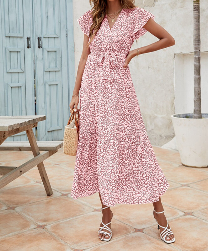 Summer Women's A-line Skirt Beach Style Chiffon Printing V-Neck Pullover Flying Short Sleeves Lace Up Pleated Slim Fit Dress