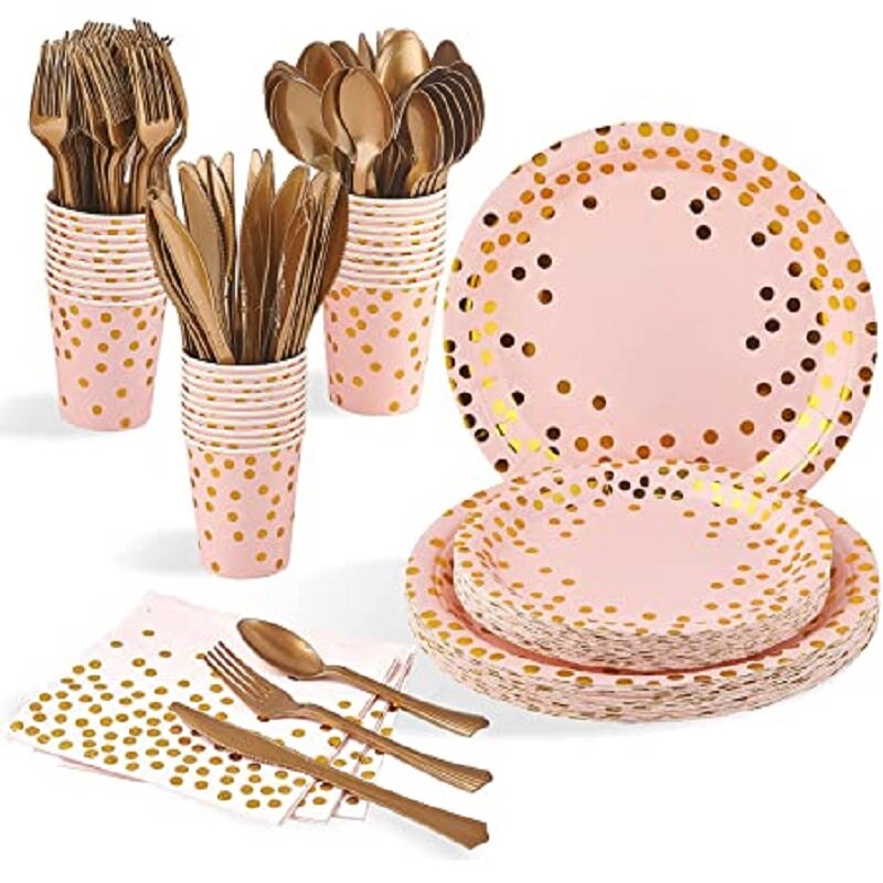 Розовые и золотые праздничные принадлежности, бумажные тарелки в горошек, салфетки, одноразовая посуда для вечевечерние НКИ, для детского дня рождения, свадьбы