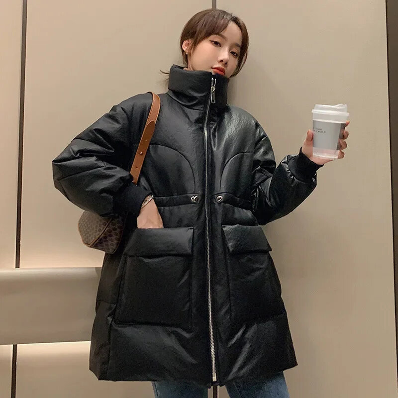 Kurtka z prawdziwej skóry damska zimowa kurtka puchowa z naturalnej owczej skóry moda koreańska bufiaste kurtki dla kobiet luźna stójka