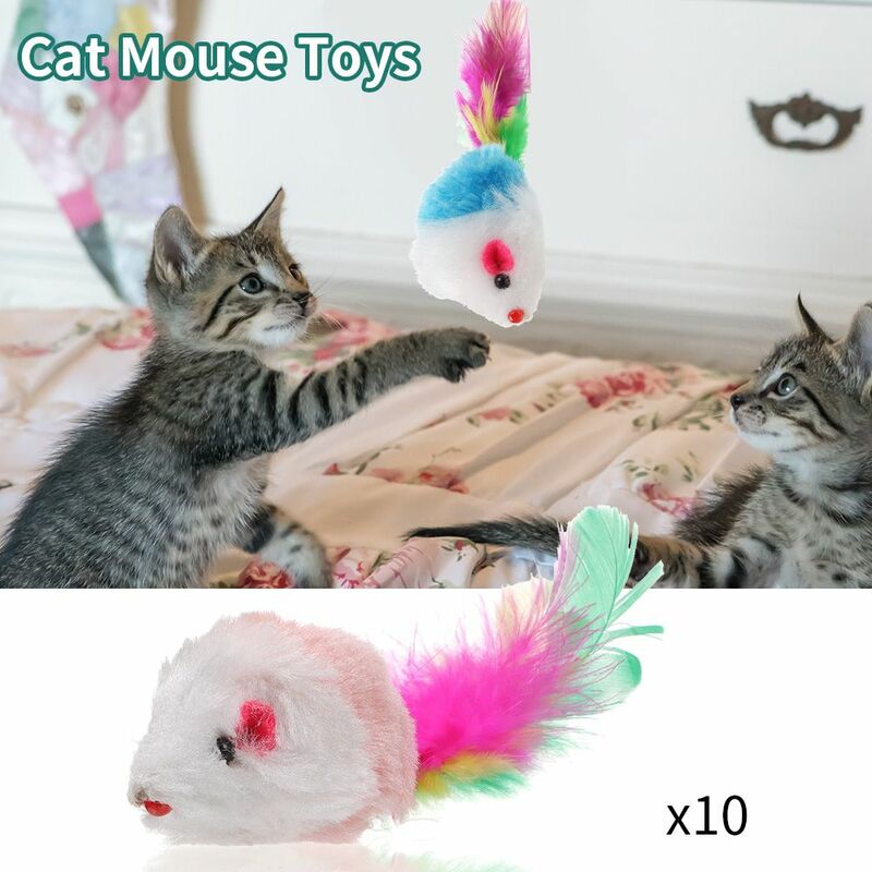 Mainan tikus kucing palsu bulu kelinci, mainan Mini lucu bermain kucing Aksesori hewan peliharaan 10 buah/set