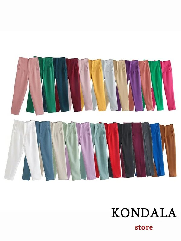 KONDALA 여성용 연청 시크 패션 오피스웨어 스트레이트 팬츠, 빈티지 하이 웨이스트 지퍼 플라이 여성 바지, 패션 2024
