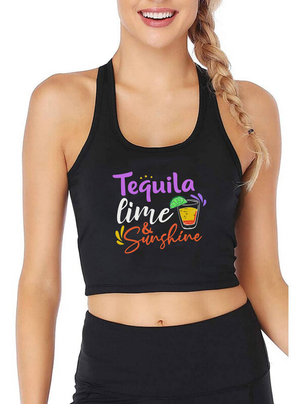 Tequile Time and Sunshine Design Sexy Breathable Slim Fit Crop Top Summer Beach Casual Tank Tops Holiday Essentials Shirt