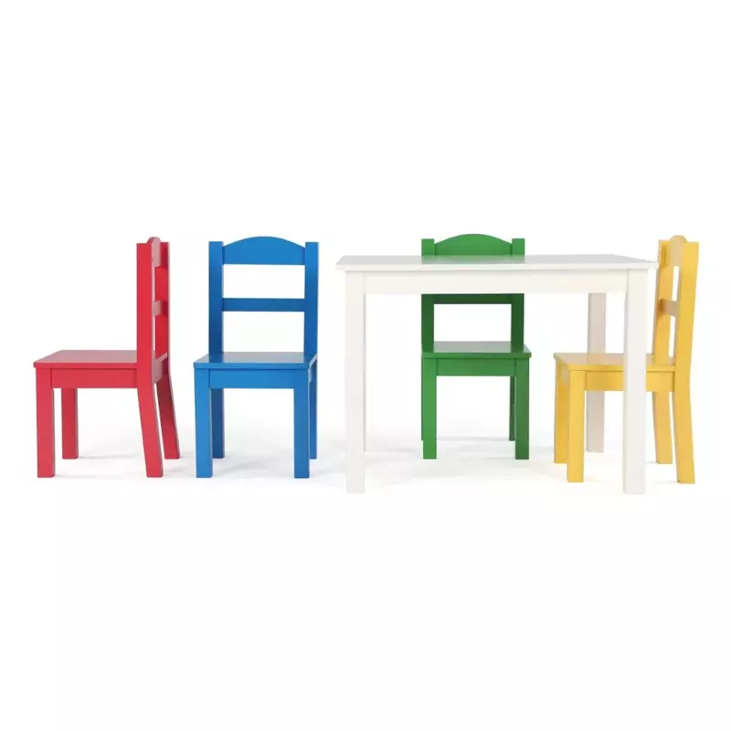 Coleção Humble Crew Prize Infantil, mesa de madeira e conjunto de 4 cadeiras brancas e primárias, idade 3 +