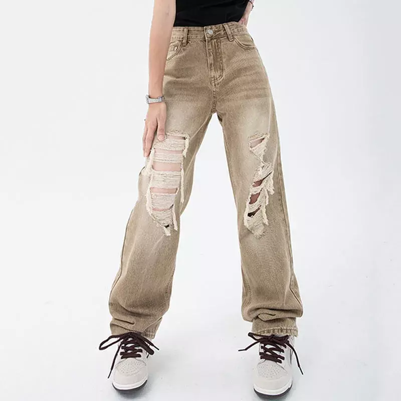 American Retro Porn Jeans Y2K Women 2024 New High -waisted Mop Loose Wide -leg Pants Design Feel Straight Jeans
