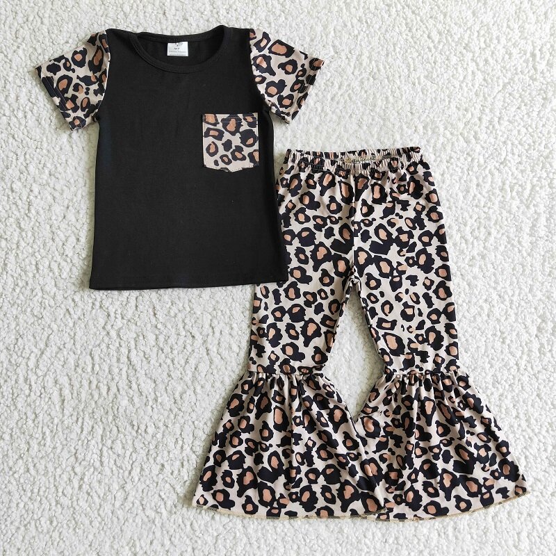 Atacado crianças de algodão preto conjunto camisa da criança crianças bell bottom calças primavera outono outfit bebê menina leopardo bolso roupas