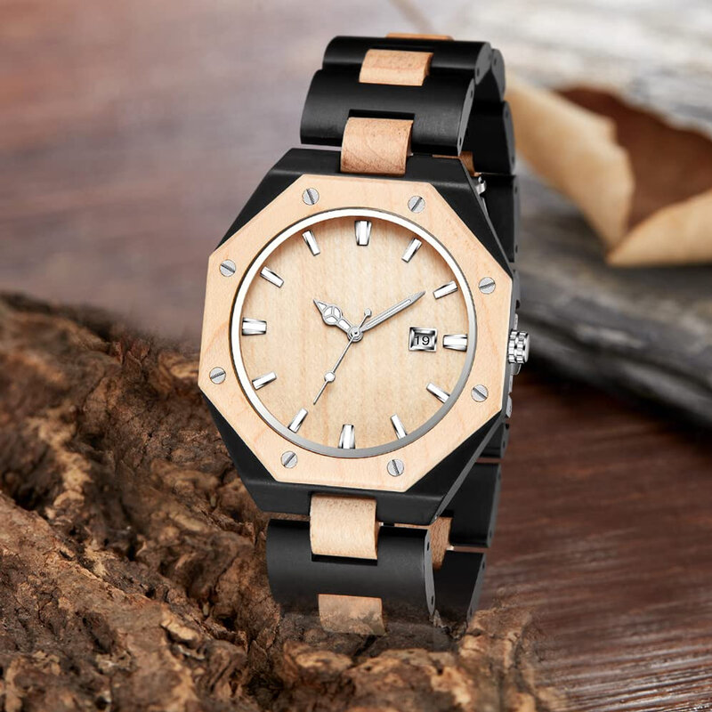 FANDAO polygonal black and white couple wooden watch, quartz business watch, folding buckle wooden watch strap - black and white