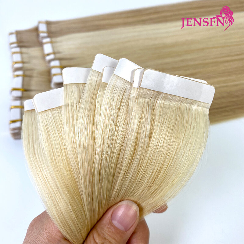 JENSFN High Quality Tape In Hair Extensions  Remy Human Hair 100% Remy Natural 16"-26"Inch 613 Straight Seamless  Tape Ins