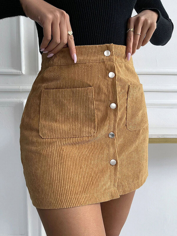 2023 New High Waist Slim Elegant Autumn Winter Women Skirt Pockets Style Corduroy Buttocks Short Hip Wrap Single Breasted