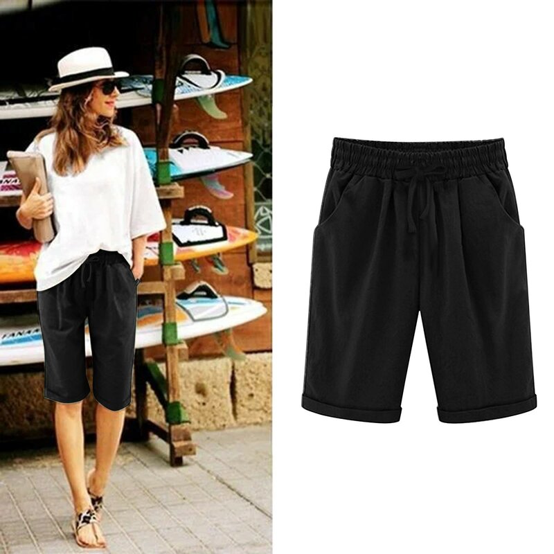 Women Summer Cotton Short Pants Plus Size High Waisted Lacing Beach Workout Pocket Five Point Shorts Pants Basketball For Womens