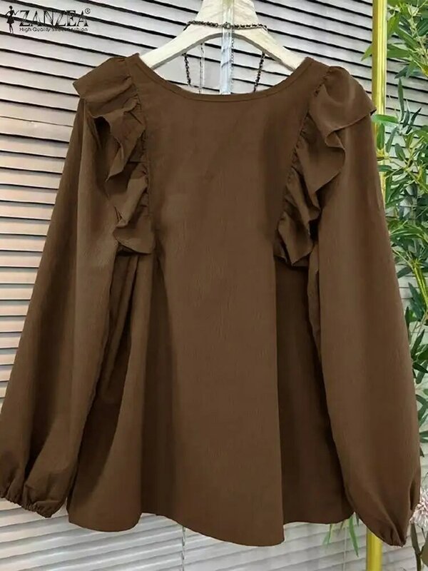 2024เสื้อเบลาส์ Zanzea ฮาราจูกุทรงสี่เหลี่ยมแขนยาวแต่งระบายเสื้อผู้หญิงออฟฟิศเก๋ๆฤดูร้อน