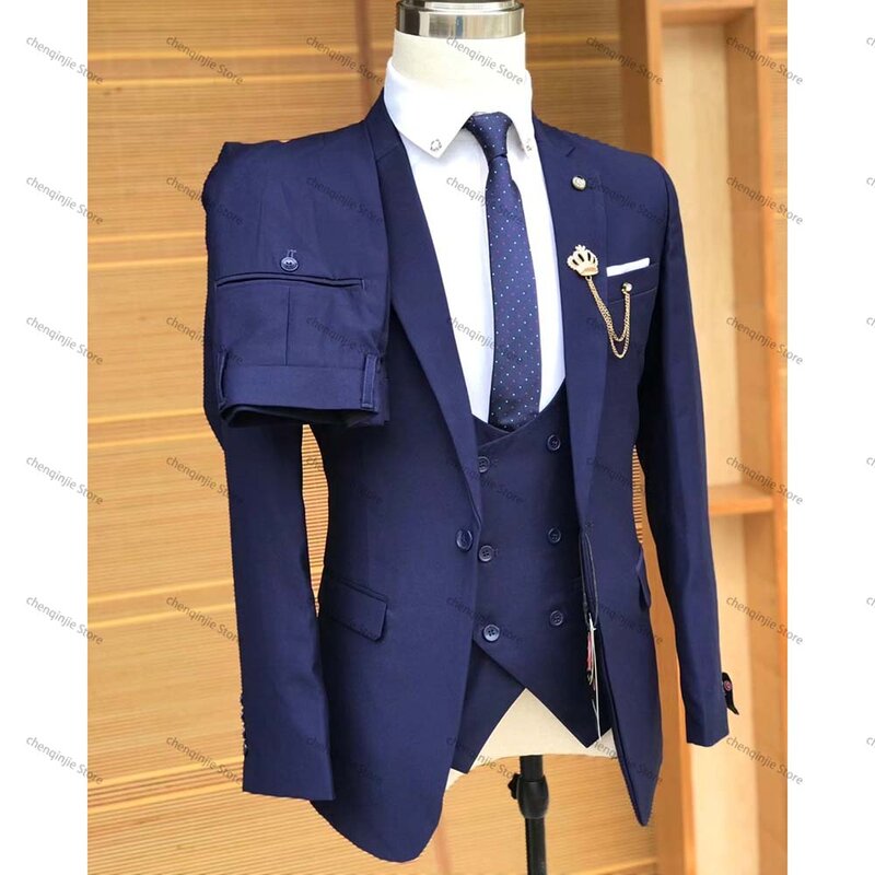 Bespoke-Fatos formais masculinos de negócios, jaqueta de 3 peças, colete, um botão, lapela de entalhe, traje de alta qualidade, cor sólida