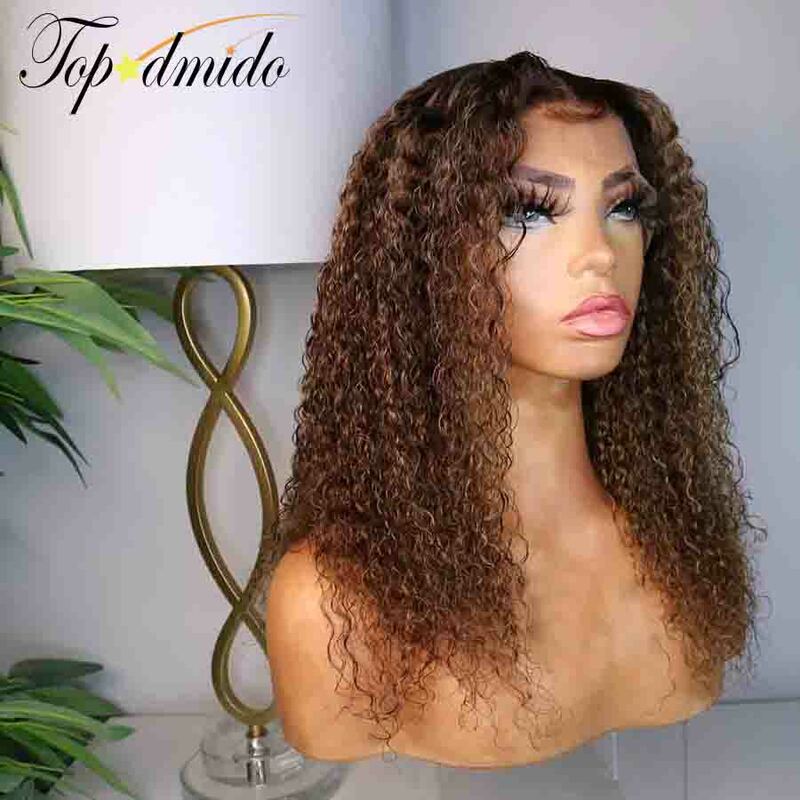 Topodmido-Destaque peruca encaracolada da cor marrom com parte do meio, cabelo brasileiro, peruca dianteira sem cola, laço 13x4, 4x4, 13x6
