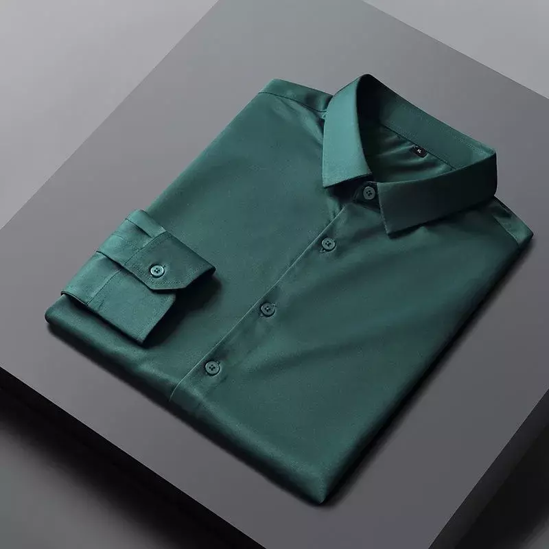O482Dark green high-end ice silk shirt men's long-sleeved work wear no-iron anti-wrinkle groom's wear