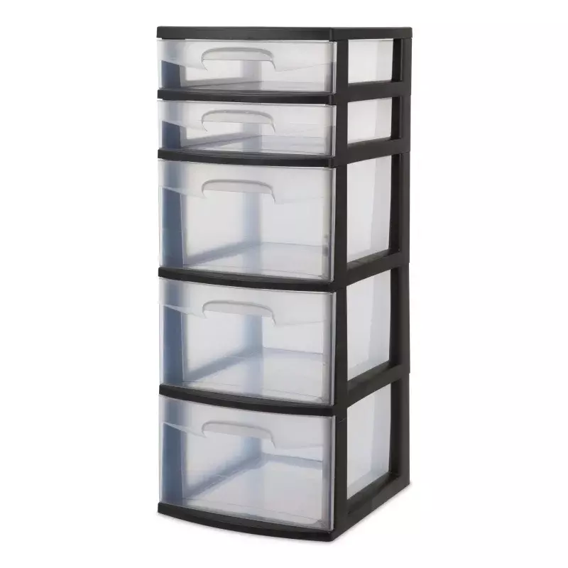 Пластиковая башня Sterilite с 5 ящиками, черная с прозрачными ящиками, для взрослых