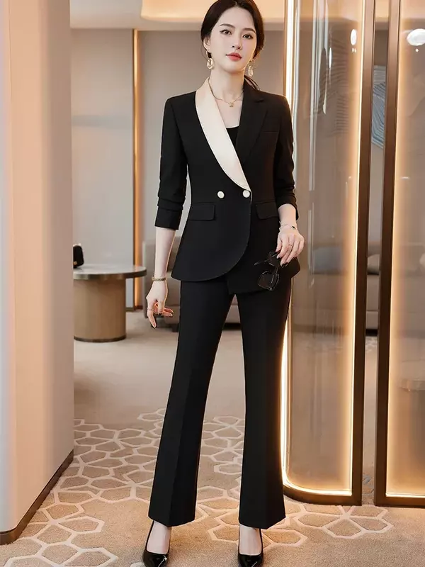 Moda albicocca Black Stripe Women Formal Pant Suit Ladies femminile giacca e pantaloni Business Work 2 pezzi Blazer Set per l'inverno