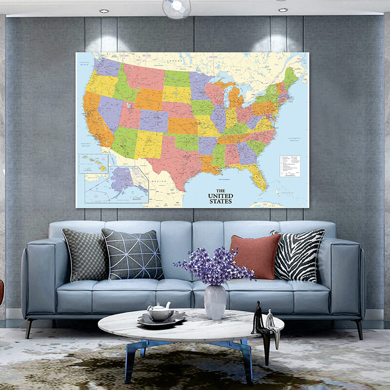 United State Non-Woven Canvas Pintura, Unframed Poster, Impressão Wall Art, Material Escolar, Sala de estar, Home Decor, 100x70cm Mapa
