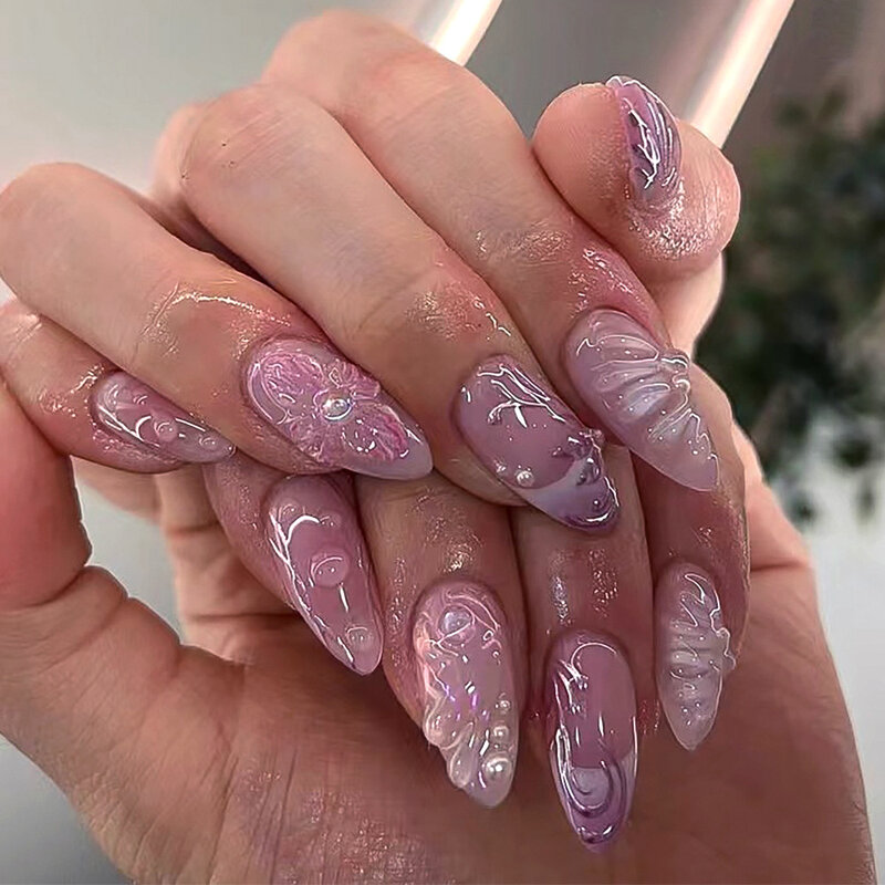 24 szt. Purpurowy sztuczne paznokcie 3D migdałowy pras na paznokciach perły kwiat przeznaczony francuski styl fałszywych do paznokci tipsów dla kobiet i dziewcząt