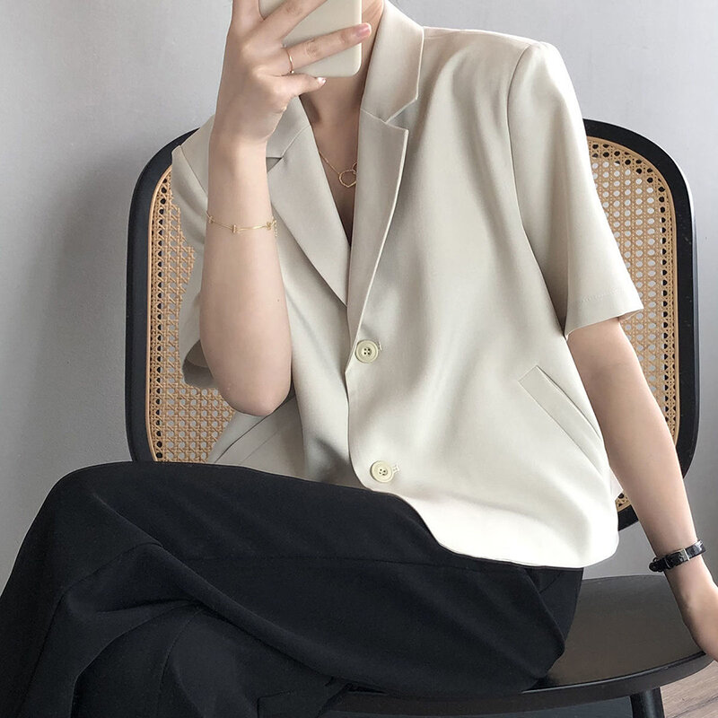 MEXZT Blazer wanita S-4Xl elegan setelan padat jaket kantor wanita Korea lengan pendek Single Breasted kasual Blazer mantel kasual